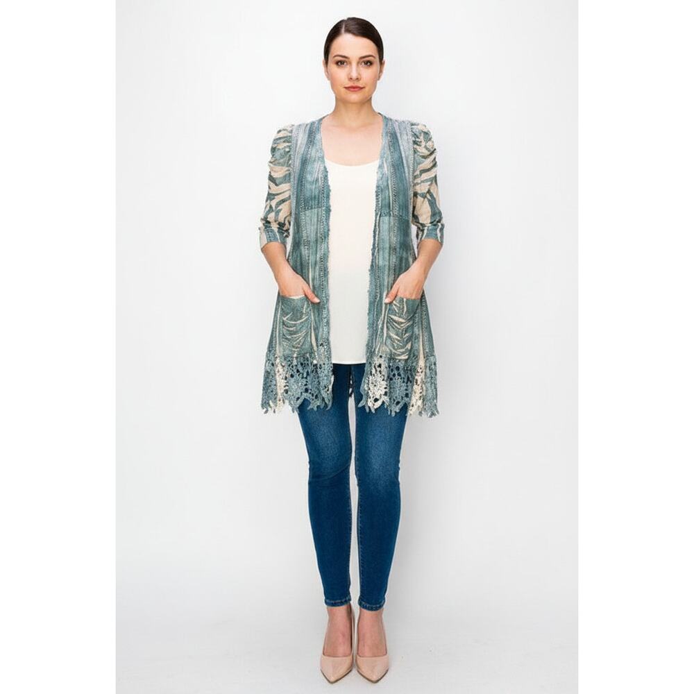 Origami Plus Size Denim Sublimation Cardigan with Pockets 2XL